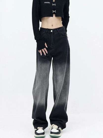 Women's High Waist Slimming Straight Jeans Black Gradient Pear Shaped Chubby Sister Spring Autumn New Style