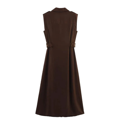 Women's Dresses New Summer 2025 Sleeveless Midi Dress Waist Nippling Waist Design Large A Skirt Casual Fashion High-end personal