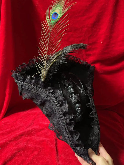 Pirate Hat Retro Gothic Countess Pearl Triangle Hat Women Halloween CosPlay Pirate Feather Hat Costume Accessories Props New
