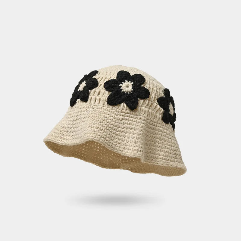 New Handmade Knitted Hat Water Bucket Hat Women's Woolen Hat Cold Hat Japanese Sweet and Cute Handmade Knitted Flower Basin Hat
