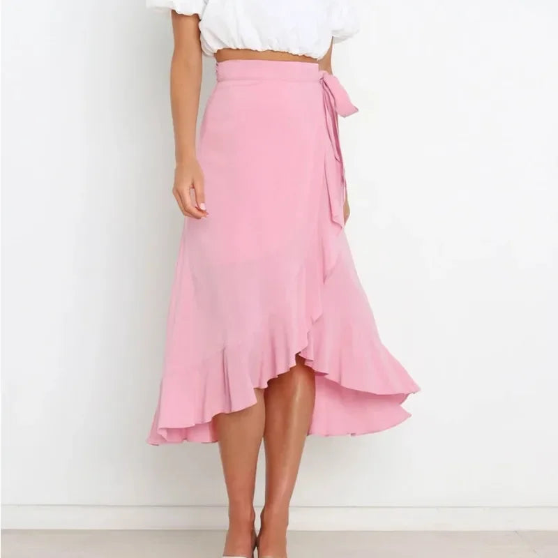 Long Skirts For Womens 2025 Summer Fashion Lace Up Ruffles Solid Color High Waist Bodycon Skirt Female Casual Chiffon Skirt