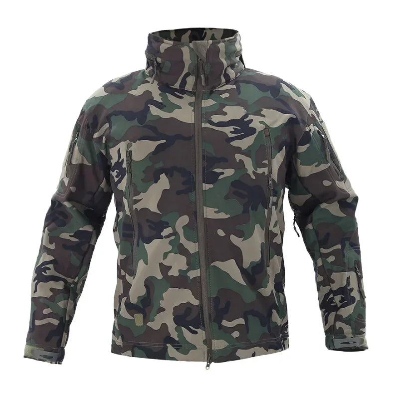 Men Fleece Jacket Tactical Jackets Waterproof Camo Coats Multi-pockets Hunting Clothes Hood Windbreakers Keeping Warm Clothing