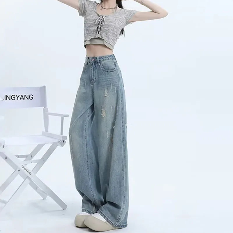 Fashion Women'S High Waist Blue Wide Leg Jeans Ripped Jeans Designer Jeans Straight Pants Casual Flared Trousers