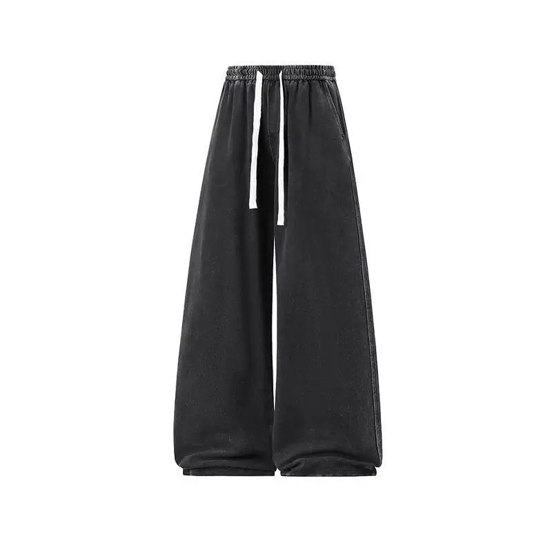 2025 New Elastic Waist Drawstring Solid Color Loose Fit Wide Leg Jeans Wide Leg Trendy High Waist Denim Pants for Men Women 3XL