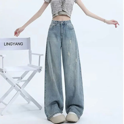 Fashion Women'S High Waist Blue Wide Leg Jeans Ripped Jeans Designer Jeans Straight Pants Casual Flared Trousers