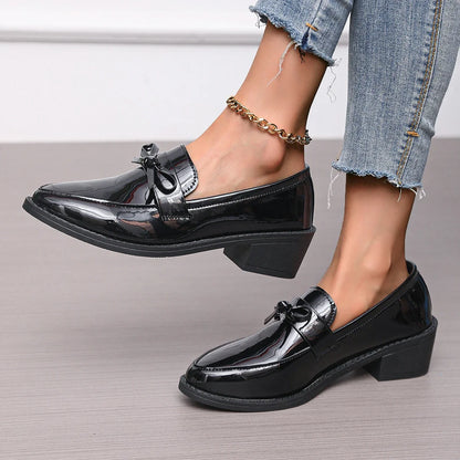 PU Leather Women's Shoes 2025 Spring Pointed Toe Slip-on Women's Casual Loafers Elegant Bow Office Med Heel Shoes Zapatos Mujer