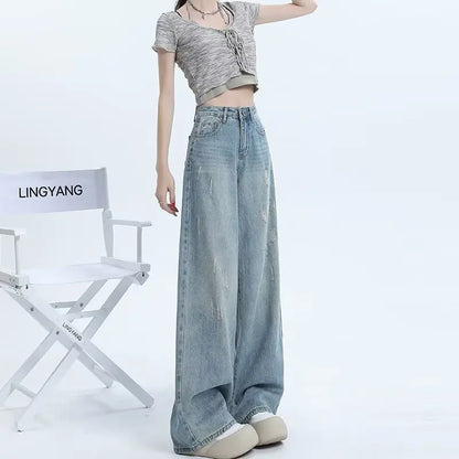 Fashion Women'S High Waist Blue Wide Leg Jeans Ripped Jeans Designer Jeans Straight Pants Casual Flared Trousers