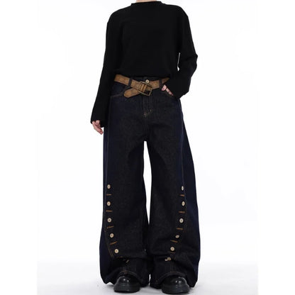 High Waist Blue Jeans for Women Wide Leg Denim Trousers with Buttons Stretch Fabric Casual Street Style Long Length Comfort Fit