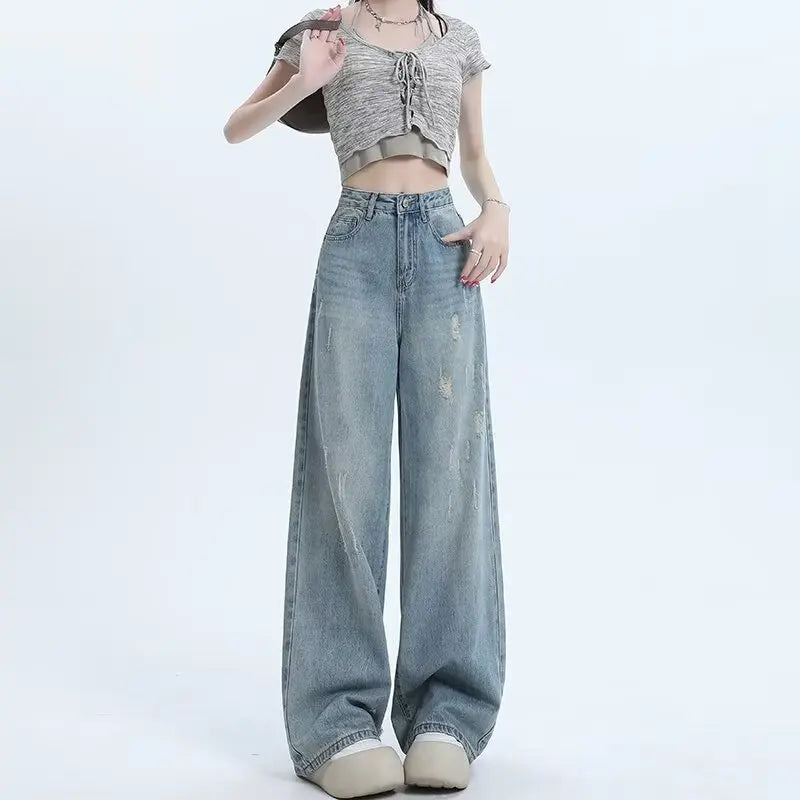Fashion Women'S High Waist Blue Wide Leg Jeans Ripped Jeans Designer Jeans Straight Pants Casual Flared Trousers
