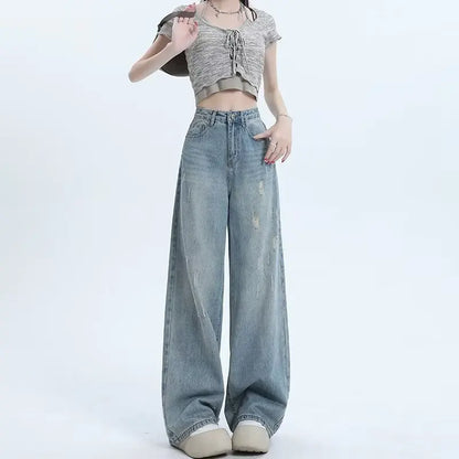 Fashion Women'S High Waist Blue Wide Leg Jeans Ripped Jeans Designer Jeans Straight Pants Casual Flared Trousers