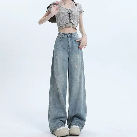 Fashion Women'S High Waist Blue Wide Leg Jeans Ripped Jeans Designer Jeans Straight Pants Casual Flared Trousers