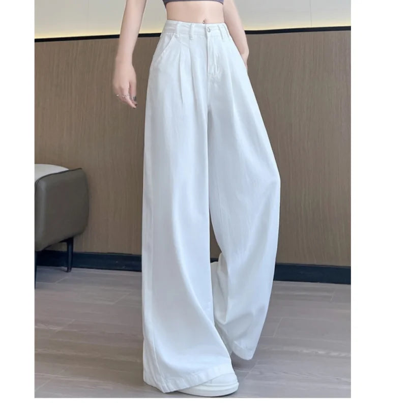 High Waist Elegant White Denim Women's Wide Leg Pants Pockets 2025 New Single Button Casual Loose Full Length Jeans Trousers