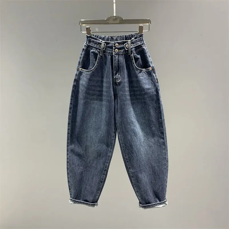 High Waist Women's Jeans Vintage BF Style Streetwear Loose Fashion Elastic   Denim Versatile  Wide Leg Pants Z13