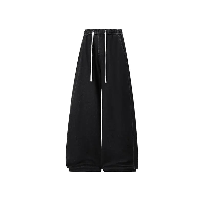 2025 New Elastic Waist Drawstring Solid Color Loose Fit Wide Leg Jeans Wide Leg Trendy High Waist Denim Pants for Men Women 3XL