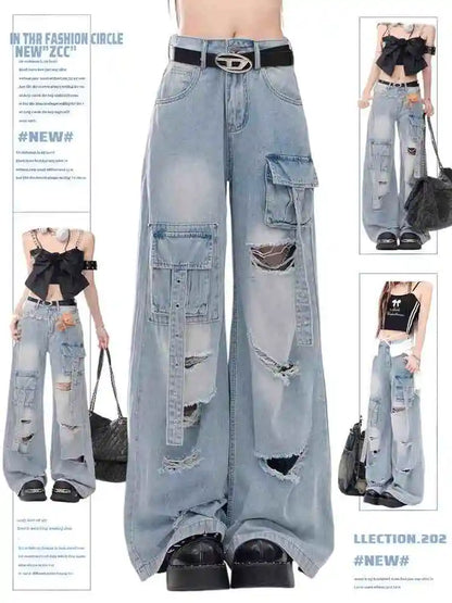 High Waist Ripped Women's Pink Jeans Hip-hop Style Fashion Vintage Streetwear Y2K Wide Leg Jean 2025 Trouser Baggy Denim Pants