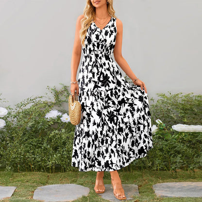 High Waist Flower Printed Dresses For Women Summer Casual Loose And Comfortable Beach Style Sleeveless V-neck Long Dresses