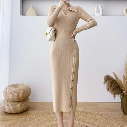 Elegant High Waist Bodycon Dress Women Fashion Streetwear Slim Elastic Knitted Dresses Ladies with Buttons V-Neck Dress Robe