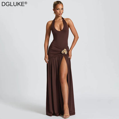DGLUKE Elegant Halter Backless Maxi Dress Woman Ruched Drop Waist Long Dress Summer High Split Evening Party Dresses