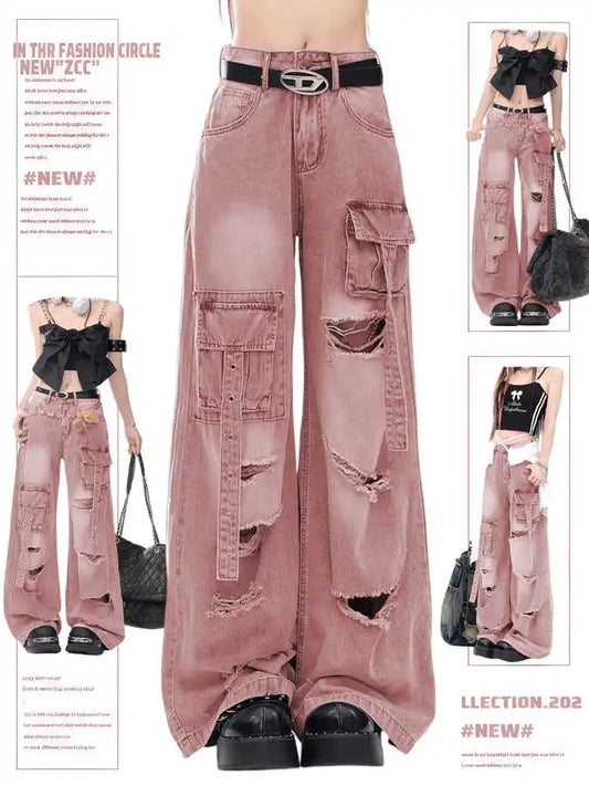 High Waist Ripped Women's Pink Jeans Hip-hop Style Fashion Vintage Streetwear Y2K Wide Leg Jean 2025 Trouser Baggy Denim Pants