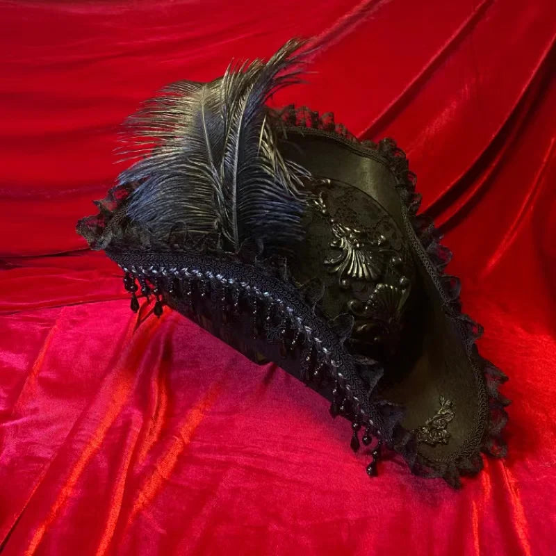 Pirate Hat Retro Gothic Countess Pearl Triangle Hat Women Halloween CosPlay Pirate Feather Hat Costume Accessories Props New