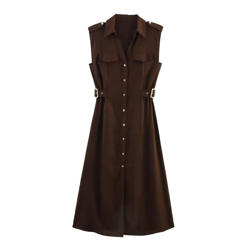 Women's Dresses New Summer 2025 Sleeveless Midi Dress Waist Nippling Waist Design Large A Skirt Casual Fashion High-end personal