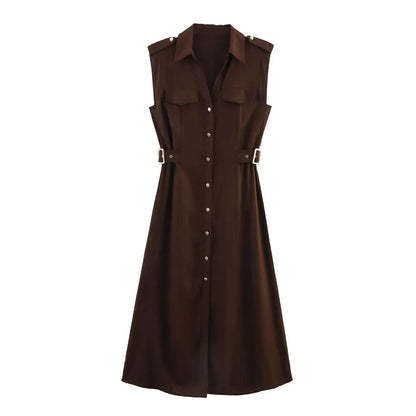 Women's Dresses New Summer 2025 Sleeveless Midi Dress Waist Nippling Waist Design Large A Skirt Casual Fashion High-end personal
