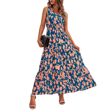 High Waist Flower Printed Dresses For Women Summer Casual Loose And Comfortable Beach Style Sleeveless V-neck Long Dresses