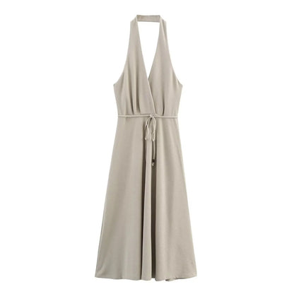 Slimming Waistline Empire Waist Dress Sexy Backless Neck Hanging Long Skirt Fashionable V-neck Sleeveless Ankle-length Dress