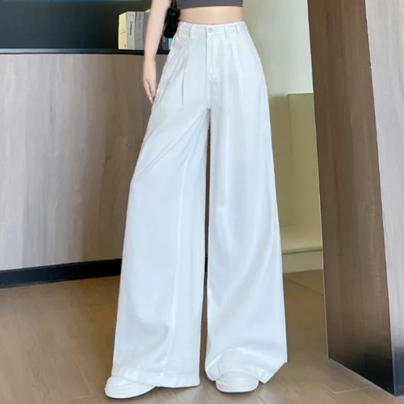 High Waist Elegant White Denim Women's Wide Leg Pants Pockets 2025 New Single Button Casual Loose Full Length Jeans Trousers
