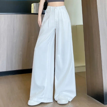 High Waist Elegant White Denim Women's Wide Leg Pants Pockets 2025 New Single Button Casual Loose Full Length Jeans Trousers