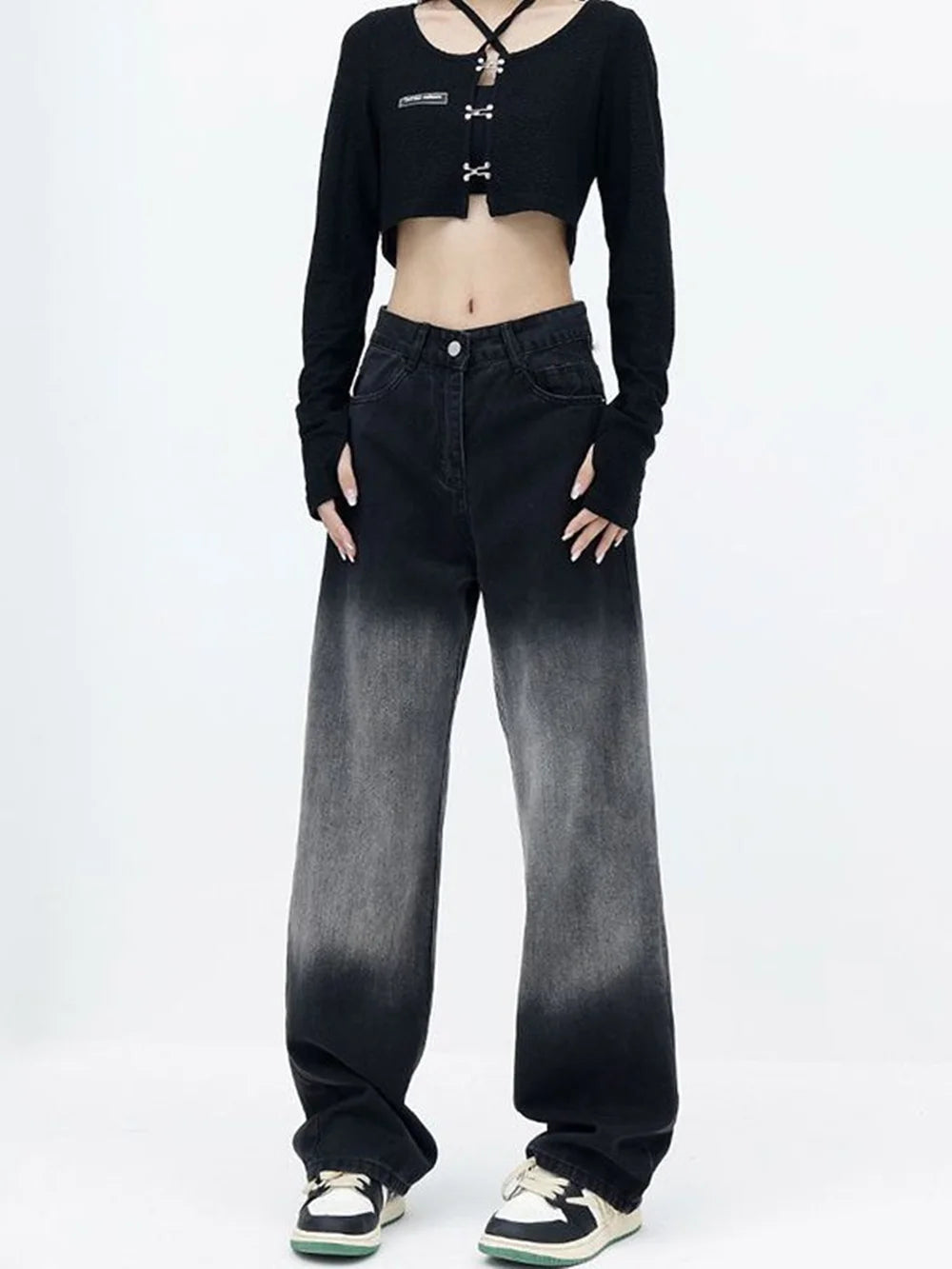 Women's High Waist Slimming Straight Jeans Black Gradient Pear Shaped Chubby Sister Spring Autumn New Style
