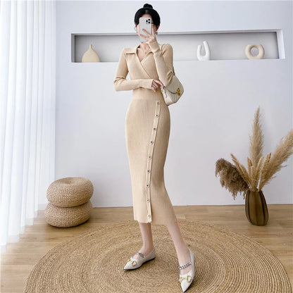 Elegant High Waist Bodycon Dress Women Fashion Streetwear Slim Elastic Knitted Dresses Ladies with Buttons V-Neck Dress Robe