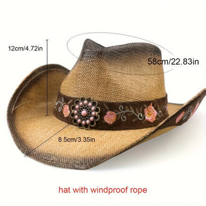 Large-brimmed Western Cowboy Hat, Outdoor Riding Hat, Beach Sun Hat, Ethnic Embroidered Flower Hat, Dance Party Hat Beach Hat