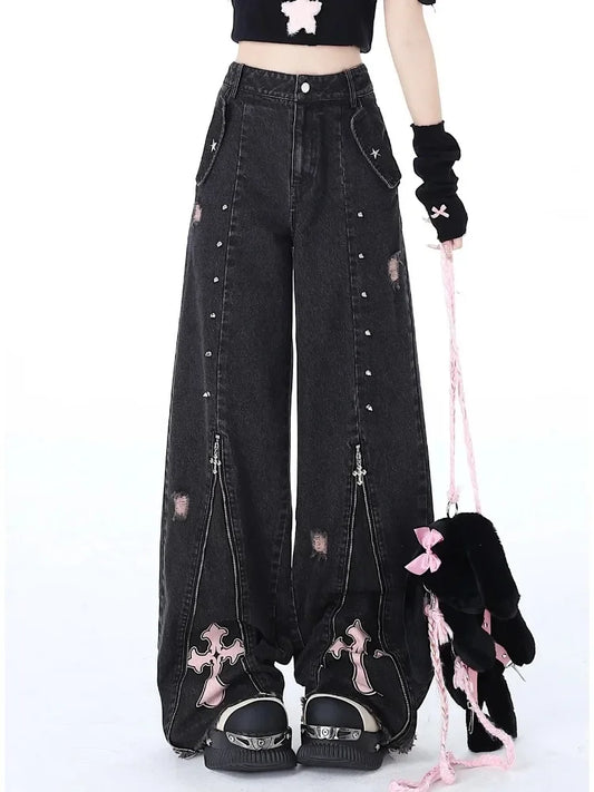 Vintage High Waist Cowboy Pants Harajuku Trousers Aesthetic Y2K Sweet Cool Straight Leg Jeans for Women Black Gothic Baggy