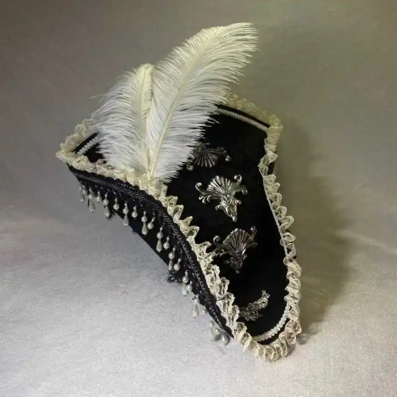 Pirate Hat Retro Gothic Countess Pearl Triangle Hat Women Halloween CosPlay Pirate Feather Hat Costume Accessories Props New