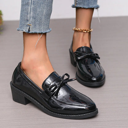 PU Leather Women's Shoes 2025 Spring Pointed Toe Slip-on Women's Casual Loafers Elegant Bow Office Med Heel Shoes Zapatos Mujer