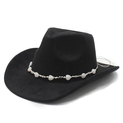 Women's Elegant Western Hat - Curved Brim Faux Suede Polyester Cowboy Hat (57-58cm) with White Heart Band