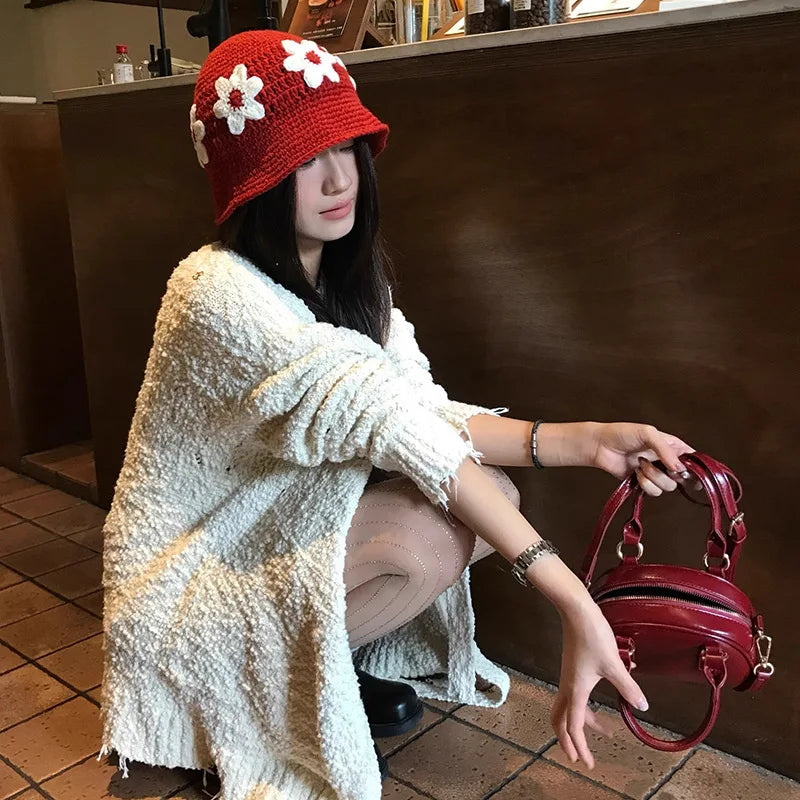 New Handmade Knitted Hat Water Bucket Hat Women's Woolen Hat Cold Hat Japanese Sweet and Cute Handmade Knitted Flower Basin Hat