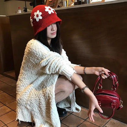 New Handmade Knitted Hat Water Bucket Hat Women's Woolen Hat Cold Hat Japanese Sweet and Cute Handmade Knitted Flower Basin Hat