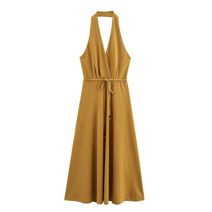 Slimming Waistline Empire Waist Dress Sexy Backless Neck Hanging Long Skirt Fashionable V-neck Sleeveless Ankle-length Dress