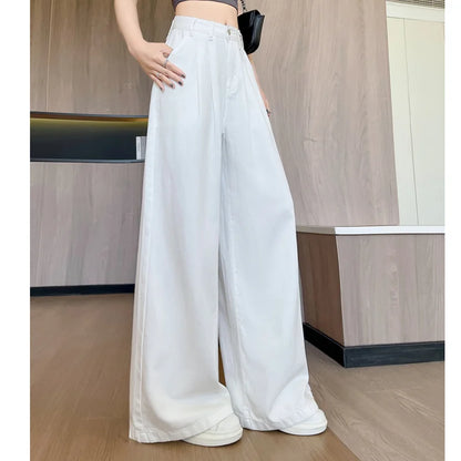 High Waist Elegant White Denim Women's Wide Leg Pants Pockets 2025 New Single Button Casual Loose Full Length Jeans Trousers