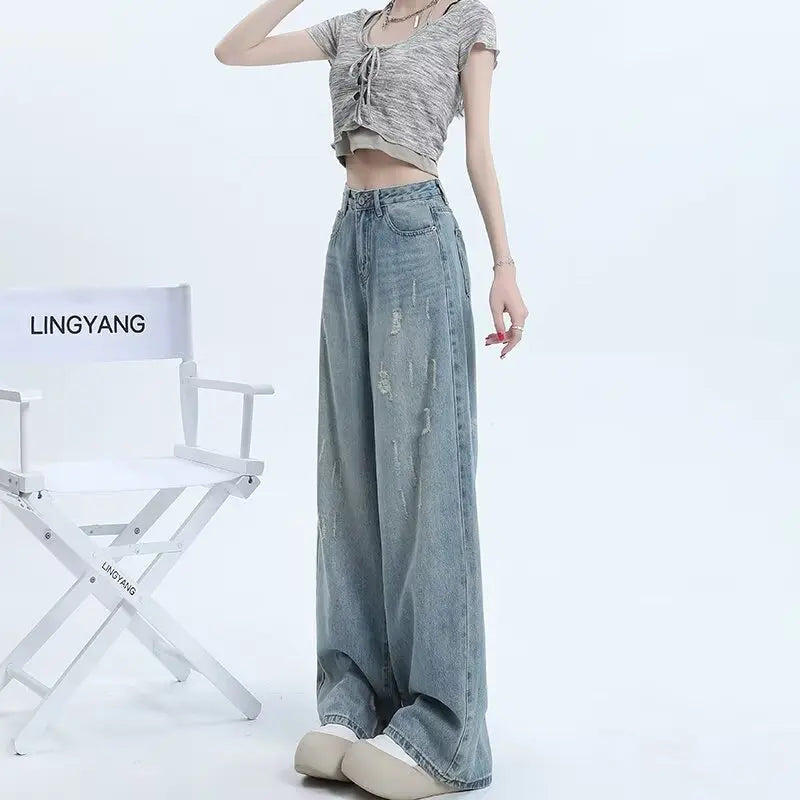 Fashion Women'S High Waist Blue Wide Leg Jeans Ripped Jeans Designer Jeans Straight Pants Casual Flared Trousers