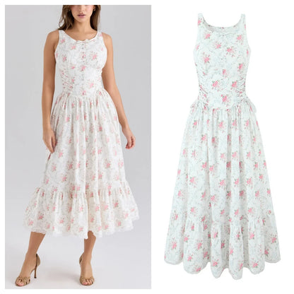 French printed waist-binding dress for women 2025 new style temperament slim mid-length floral dress