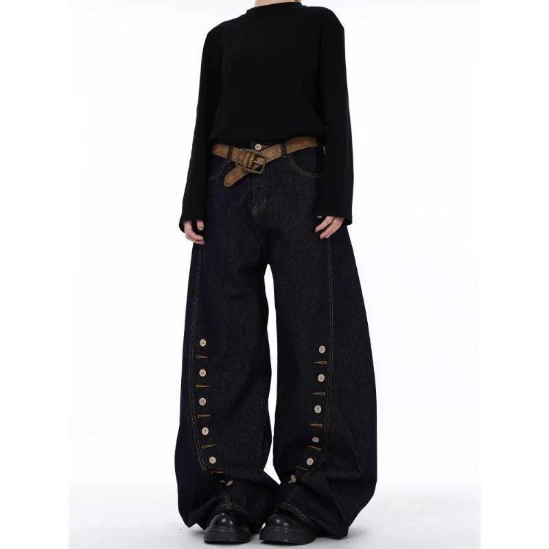 High Waist Blue Jeans for Women Wide Leg Denim Trousers with Buttons Stretch Fabric Casual Street Style Long Length Comfort Fit