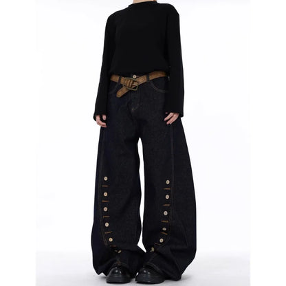 High Waist Blue Jeans for Women Wide Leg Denim Trousers with Buttons Stretch Fabric Casual Street Style Long Length Comfort Fit