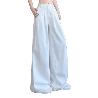 High Waist Elegant White Denim Women's Wide Leg Pants Pockets 2025 New Single Button Casual Loose Full Length Jeans Trousers