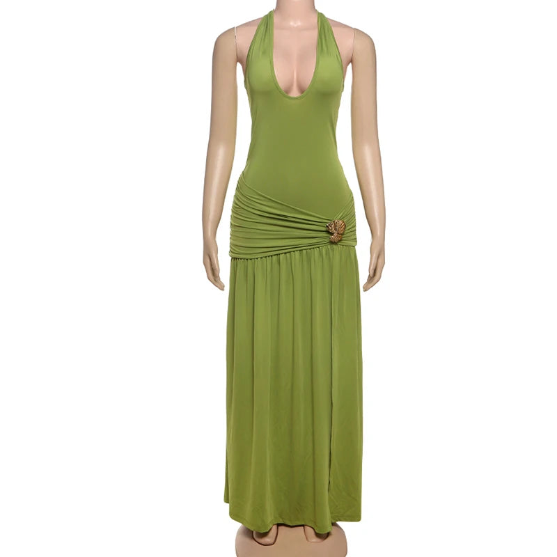 DGLUKE Elegant Halter Backless Maxi Dress Woman Ruched Drop Waist Long Dress Summer High Split Evening Party Dresses
