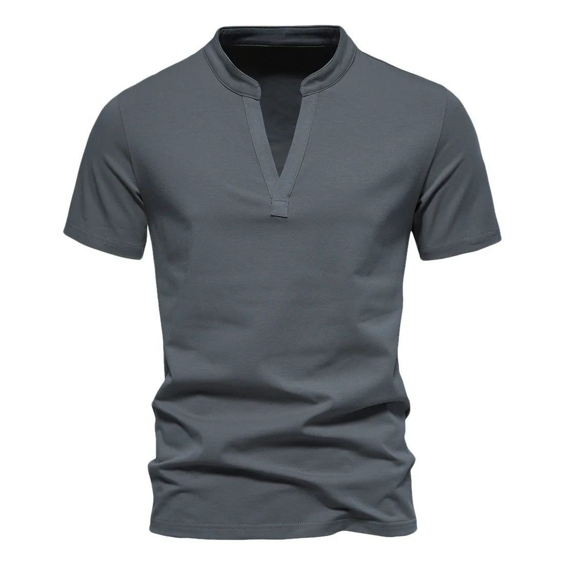 Man Summer T-shirts Short Sleeve Tops Tees Shirts Stand V Collar Solid Hot Sale T shirt Henry Tshirts