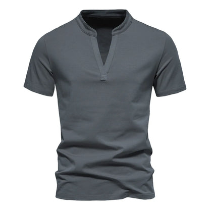 Man Summer T-shirts Short Sleeve Tops Tees Shirts Stand V Collar Solid Hot Sale T shirt Henry Tshirts