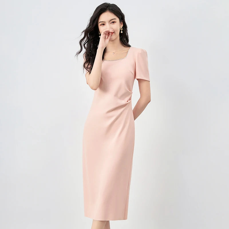 2025 Luxury French Waist Dress Women's Elegant Ruffle Detail Retro Square Neckline Vintage Chic Party & Daily Wear